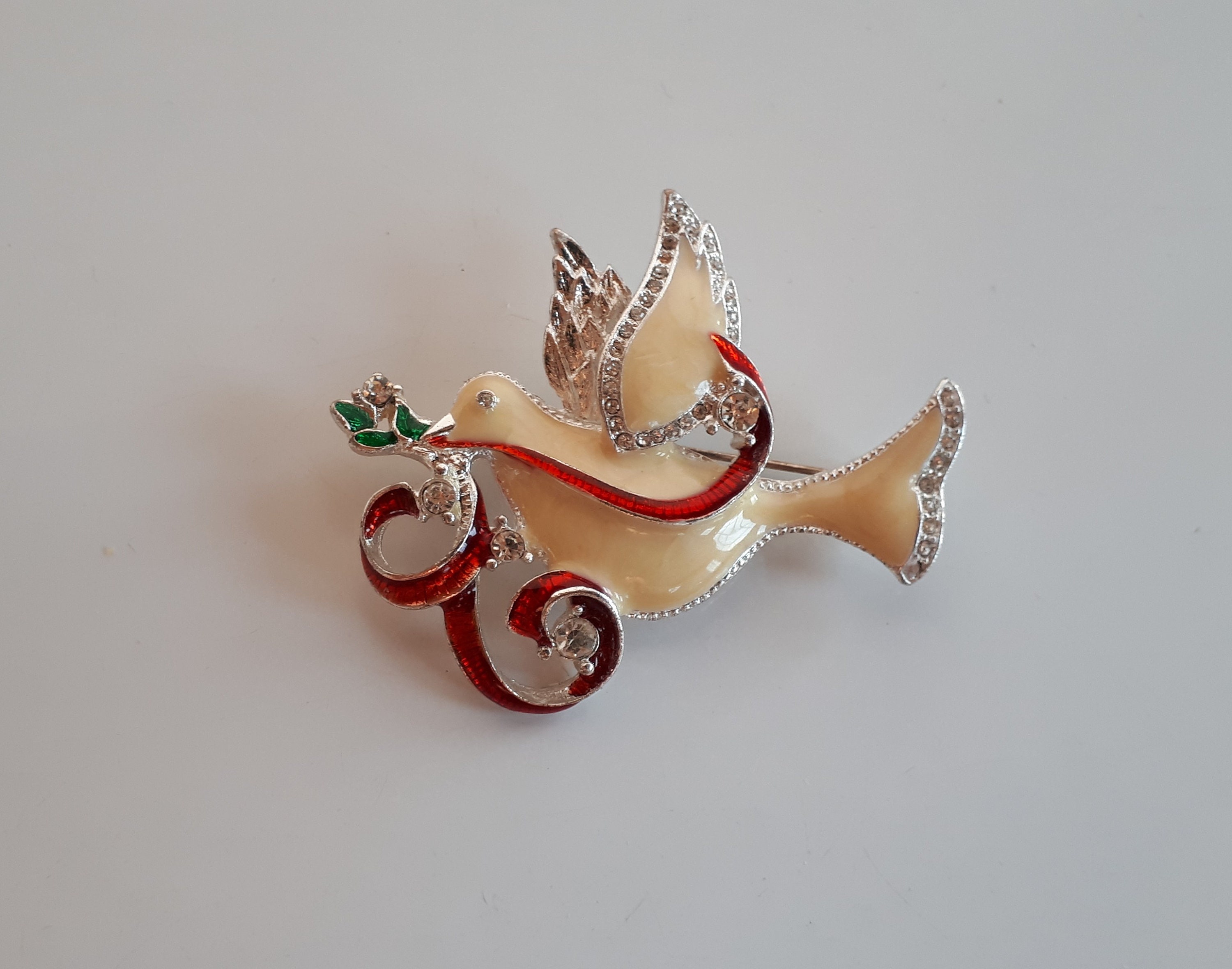 Dove bird earrings white enamel crystal rhinestone vintage style in gift box
