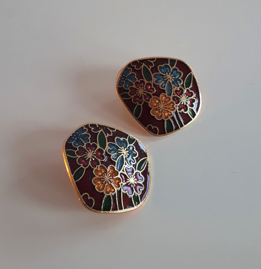 Boucles D'oreilles Percées Vintage En émail Cloisonné Couleur Or - Grand Modèle - Occasion Très Bon état
