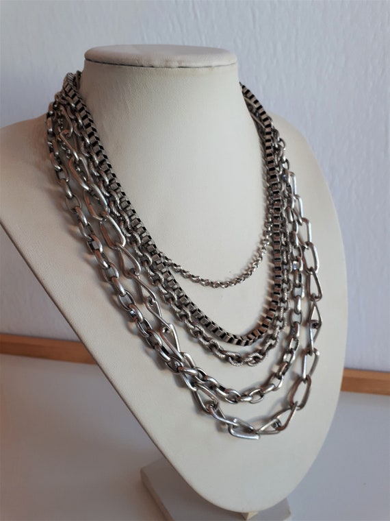 Chunky statement silver colored metal multi chain… - image 2