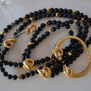 Vintage Kenneth Jay Lane KJL jewelry set gold ram head black resin bracelet necklace earrings