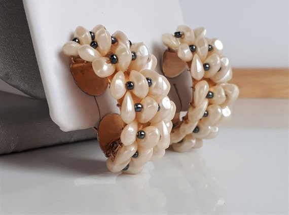 Faux pearl cluster hoop earrings, Statement vintag