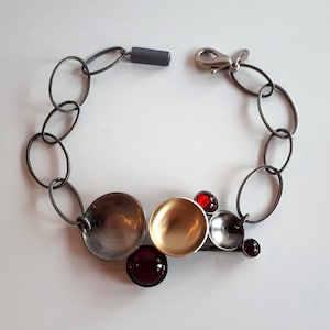 Vintage signed POLY made in Canada brushed silver metal gold color accent red cabochon modernist link bracelet