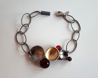 Vintage POLY Canada signiert Silber Gold Ton rot Cabochon modernist Link Armband