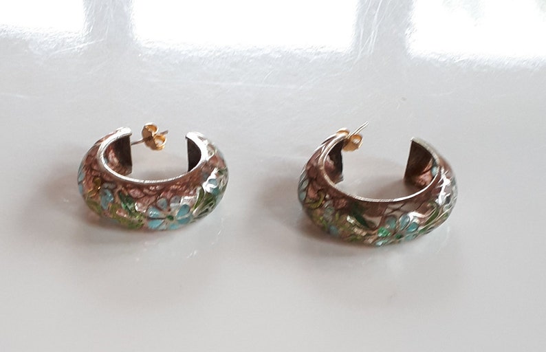 RARE big Vintage Chinese export gold plated sterling silver plique a jour hoop pierced Earrings