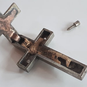 Antique Roma Italy silver metal wood inlay Terra Catacombe Roman Catacombs soil relic Cross Crucifix Pendant