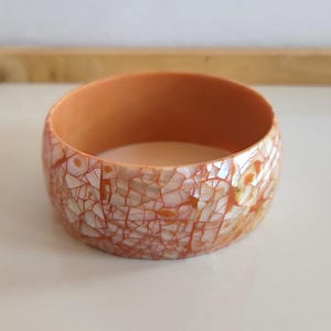 Wide Vintage natural iridescent Mother of pearl MOP mosaic marquetery shell on orange resin base bangle bracelet