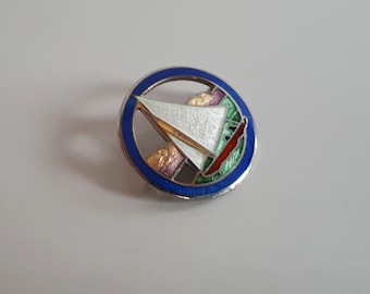 Vintage sterling silver 925 and guilloche enamel sailing boat on ocean brooch pin