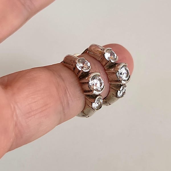 Chunky Vintage sterling silver 925 three encrusted zircon gemstone hoop earrings