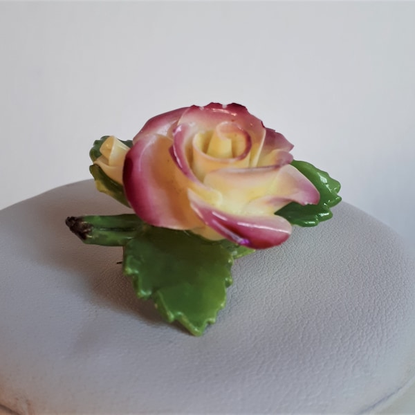 Vintage CARA China STAFFORDSHIRE England hand painted porcelain yellow pink rose flower green leafs brooch pin