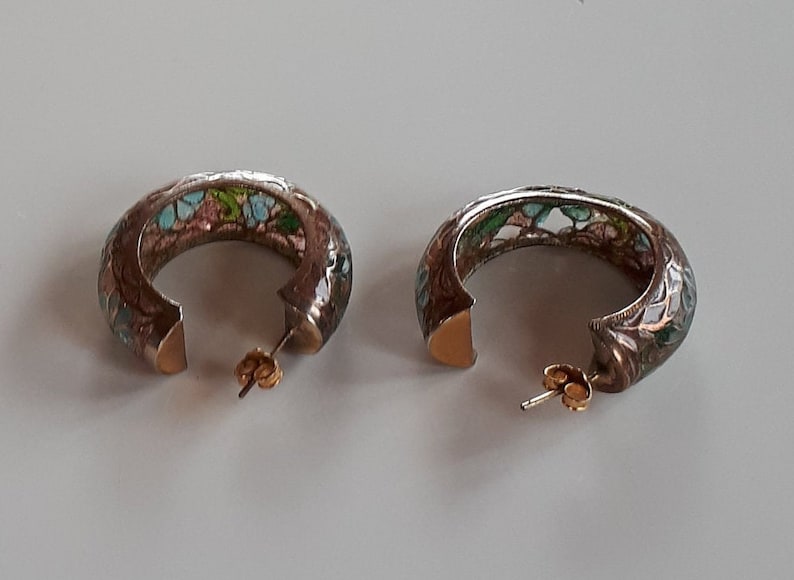 RARE big Vintage Chinese export gold plated sterling silver plique a jour hoop pierced Earrings