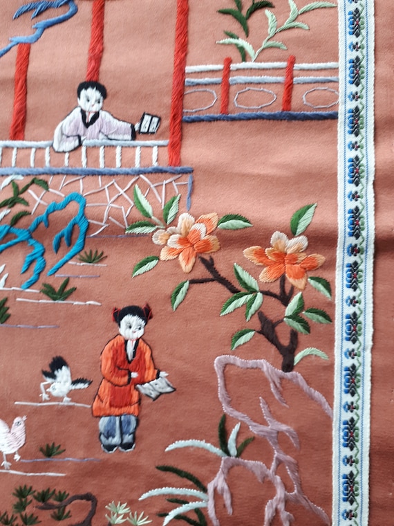 Antique Chinese Art Hand Stitched Silk Embroidery Panel With