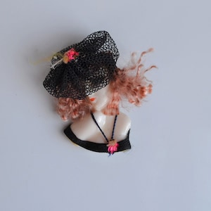 Vintage molded painted plastic lady with black lace fascinator brooch pin