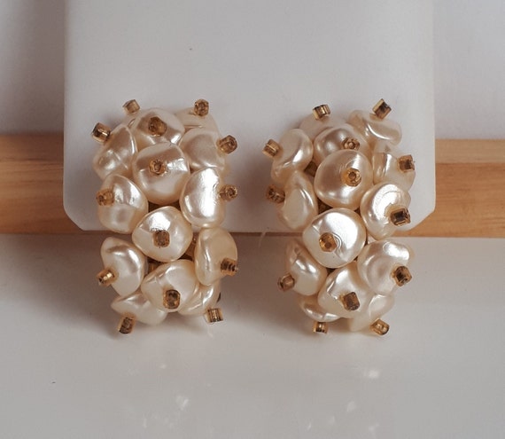 Faux pearl cluster hoop earrings, Statement vintag