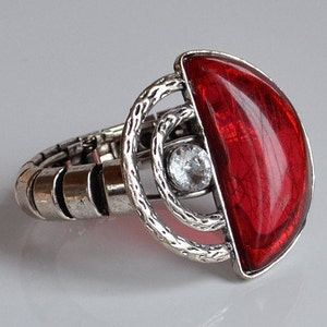 DESIGNER silver metal red plastic resin rhinestone modernist statement bangle hinged bracelet vintage
