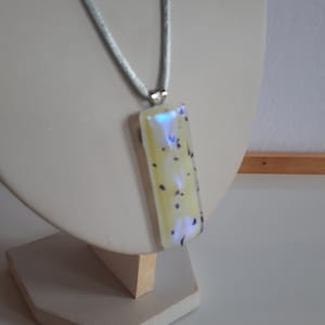 Blue yellow dragon&#39;s breath art glass pendant necklace blue silk cord
