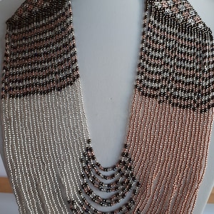 Statement vintage beadwork glass seeds bib waterfall necklace Tribal Boho chic multi strand pink cream brown