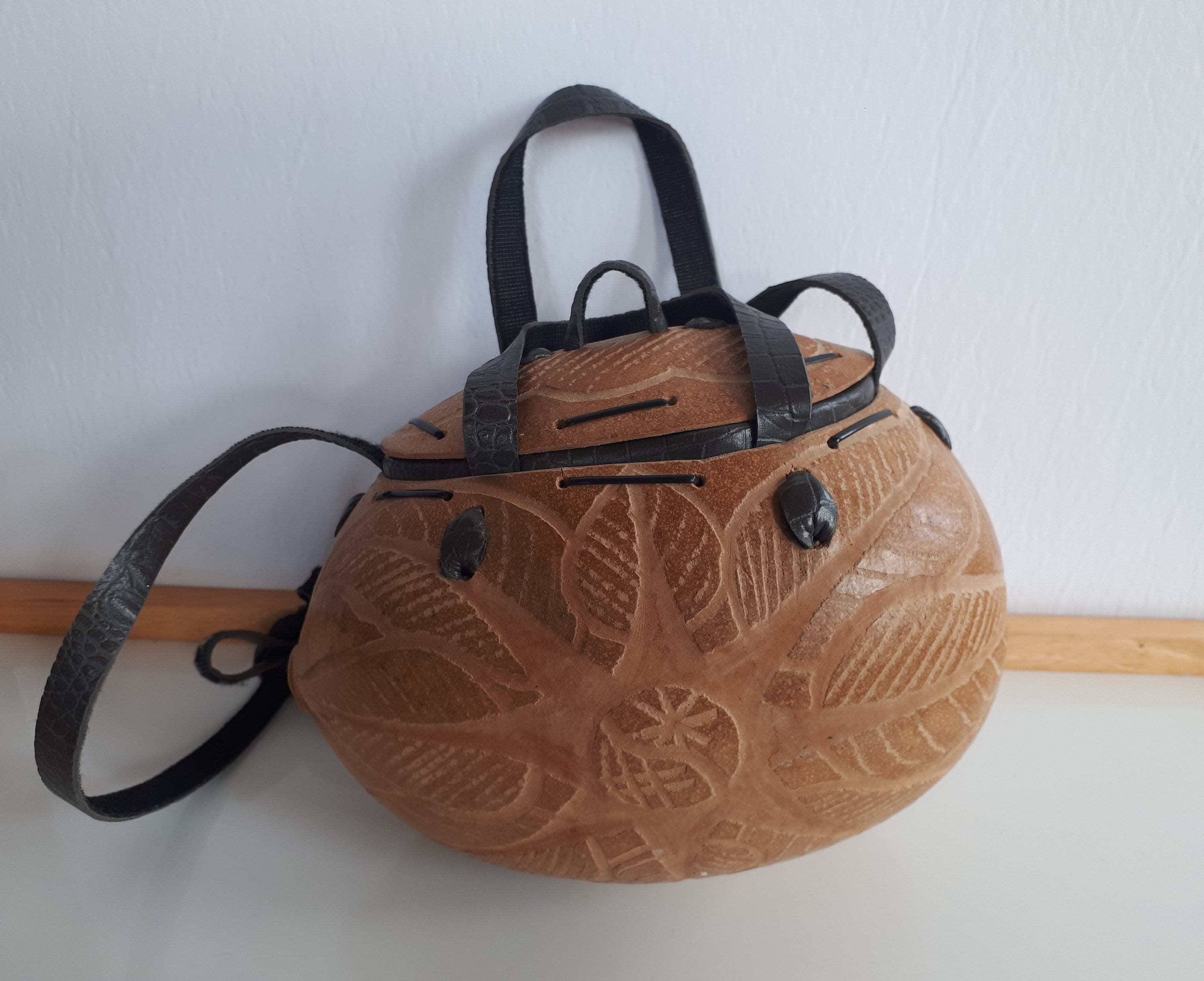 unique cool carved gourd handle shoulder bag floral carving Jamaica souvenir eco friendly purse