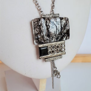 Unique vintage signed Cré Art modernist clear black art glass and silver metal pendant necklace with tassel