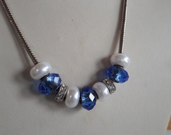 Vintage high quality silver snake chain bib necklace with blue crystal faux pearl rhinestone slide charms