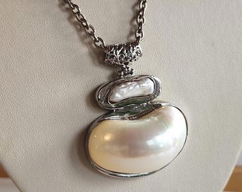 Vintage Iridescent Nautilus Shell & Biwa Pearl Pendant Necklace
