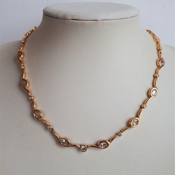 Vintage designer gouden plaat ingelegd open rug kristal strass link ketting choker