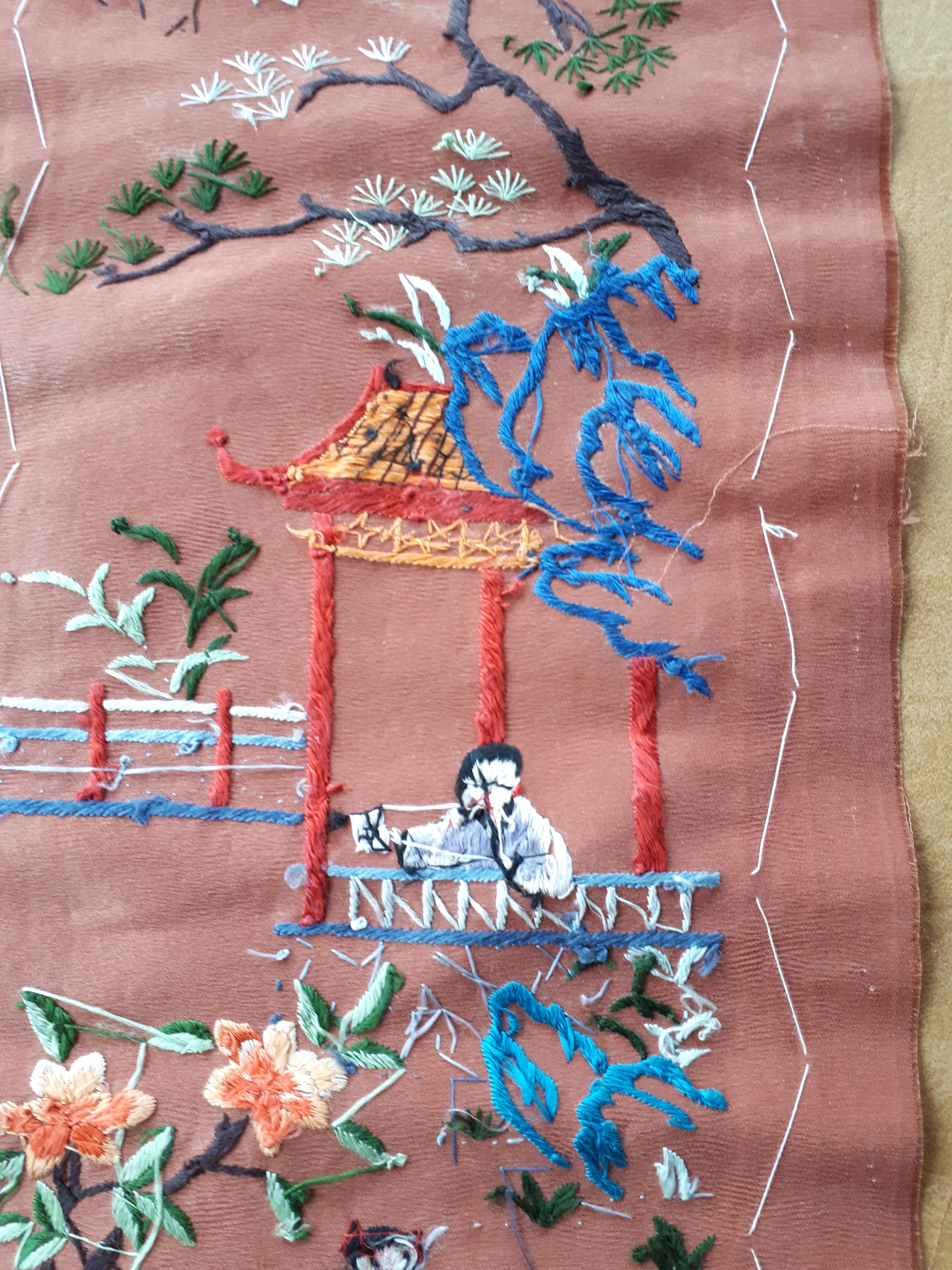 シルクタペストリー 中国刺繍 約30x30cm ヴィンテージ グリーン系
