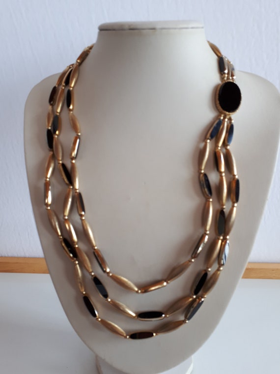 Vintage gold plate and black glass 3 rows beaded … - image 3