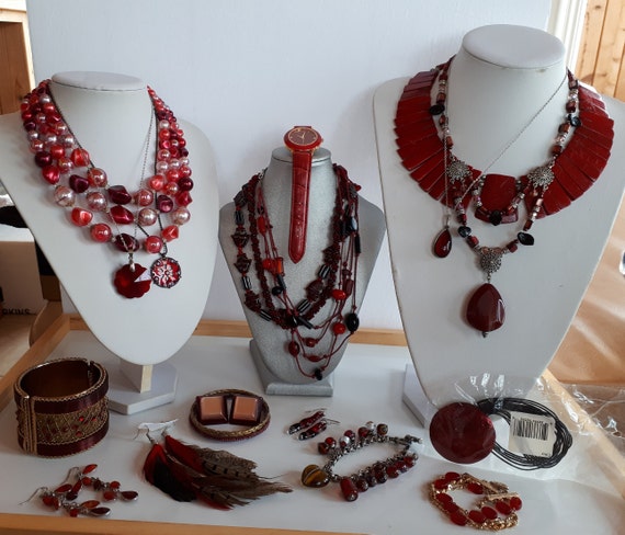 Lot 21 pcs Vintage now burgundy red Jewelry Neckl… - image 1