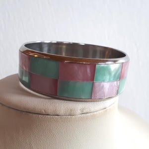 Boho iridescent dyed pink and green mother of pearl MOP shell inlay mosaic checkerboard bangle bracelet
