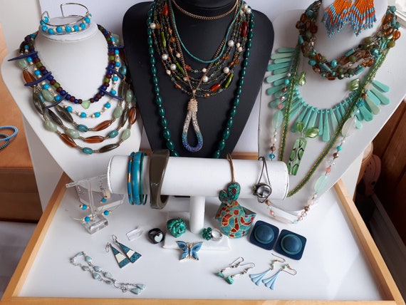 Vintage and Modern Bohemian Tribal Jewelry Lot Blue Green