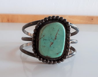 Vintage Navajo Indian silver and turquoise cuff bracelet huge natural turquoise stone