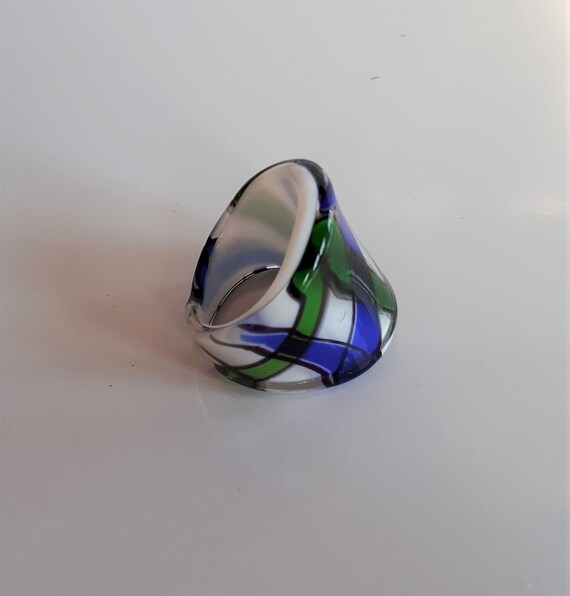 Glass ring, Cobalt blue green white clear lampwor… - image 1