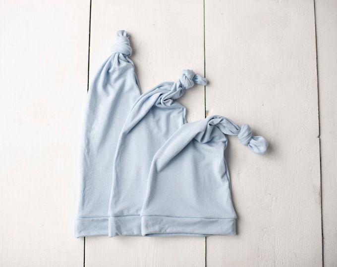 Light Baby Blue Stretch Jersey Newborn Hemmed Knotted Sleepy Cap For Newborn Photography Photo Prop