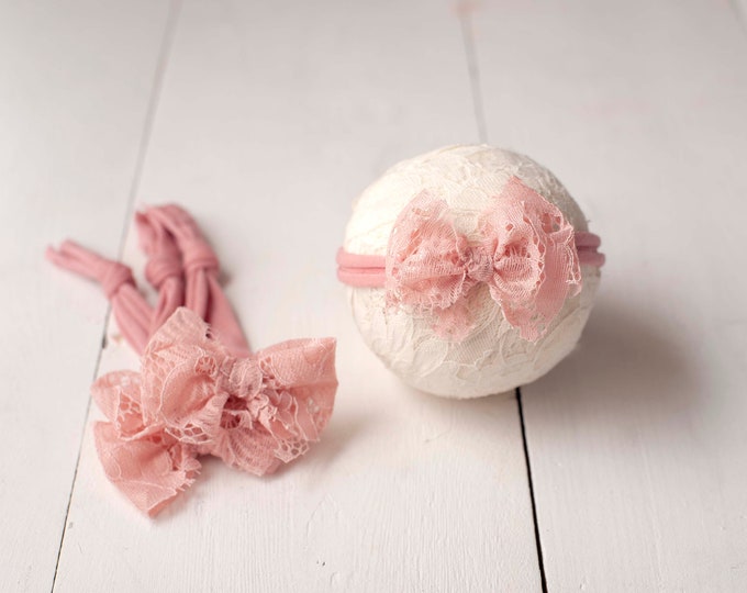 Floral Lace Pink Bow Tieback for Newborn & Baby Photography Photo Prop