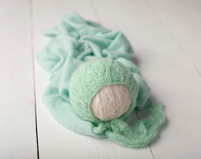 Mint Sweater Knit Bonnet and Stretch Sweater Wrap Newborn Photography Set