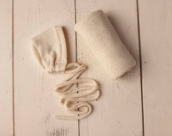 Cream Sweater Knit Bonnet and Stretch Sweater Wrap Newborn Photography Set