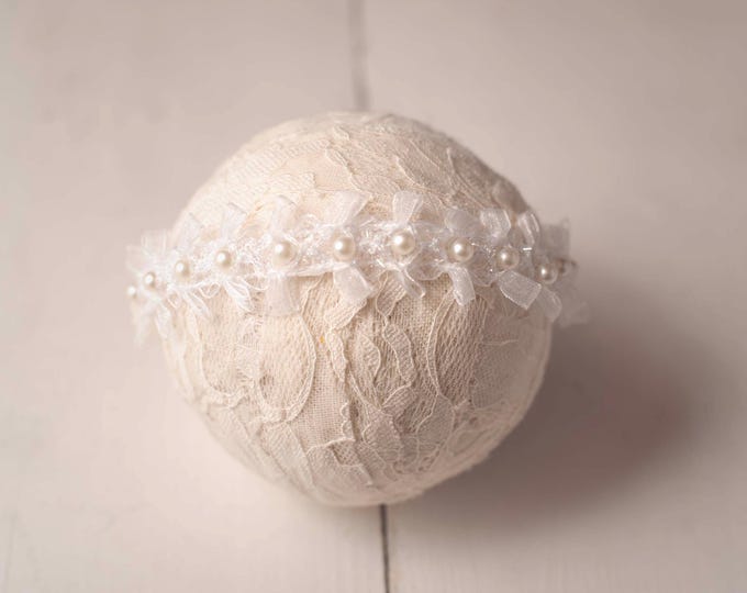 Ivory White Pearl Ruffled Tulle Headband For Newborn, Sitter, Baptism Photography Photo Prop