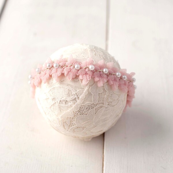 Soft Pink Pearl Ruffled Tulle Headband For Newborn Photography Photo Prop