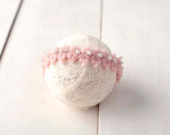 Soft Pink Pearl Ruffled Tulle Headband For Newborn Photography Photo Prop