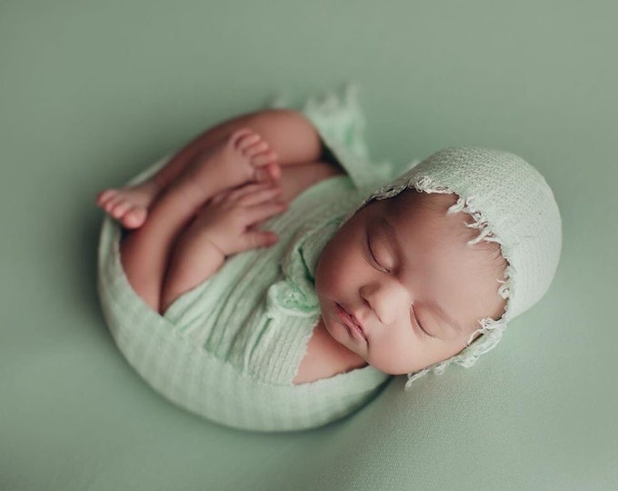 Mint Newborn Waffle Texture Knit Stretch Fringe Wrap And Bonnet Hat Set, Mint Sleepy Cap Set, Mint Newborn Photo Props, Newborn Photo