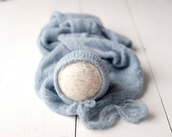 Baby Blue Knit Soft Sweater Knit Bonnet and Sweater Wrap Newborn Photography Set for Newborn Photography
