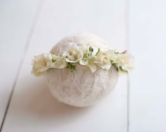 Ivory Green Floral Halo Crown Tieback For Newborn and Sitter Baby Photography Photo Prop Headband