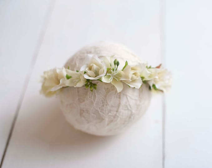 Ivory Green Floral Halo Crown Tieback For Newborn and Sitter Baby Photography Photo Prop Headband