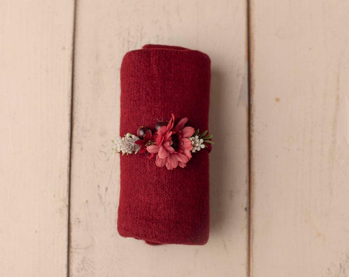 Wine Red Newborn Tieback, Pink Floral Tieback, Newborn Headband, Newborn Photography Photo Prop , Red Floral Tieback, Red Wrap Tieback