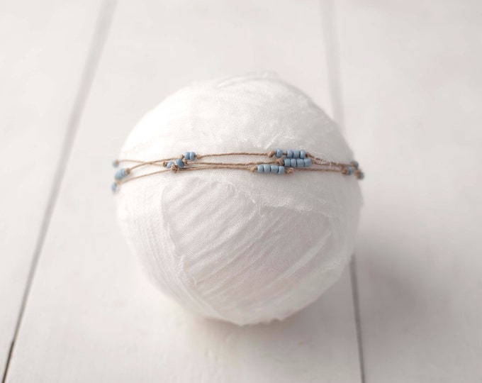 Baby Blue Beaded Rustic Jute Newborn or Sitter Tieback Headband Photo Props For Newborn Photography Photo Prop