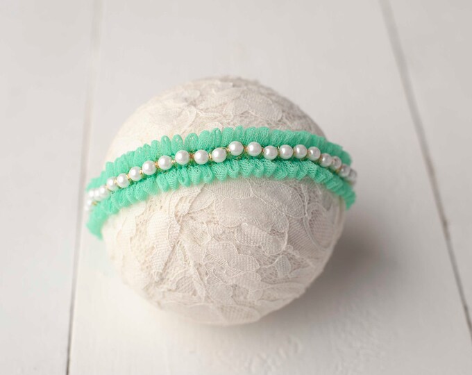 Bright Mint Green Pearl Ruffled Tulle Headband For Newborn Photography Photo Prop