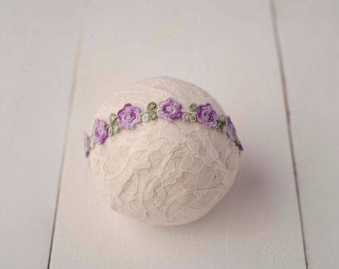 Pink & Purple Floral Embroidered Tieback Headband For Newborn Photography Photo Prop