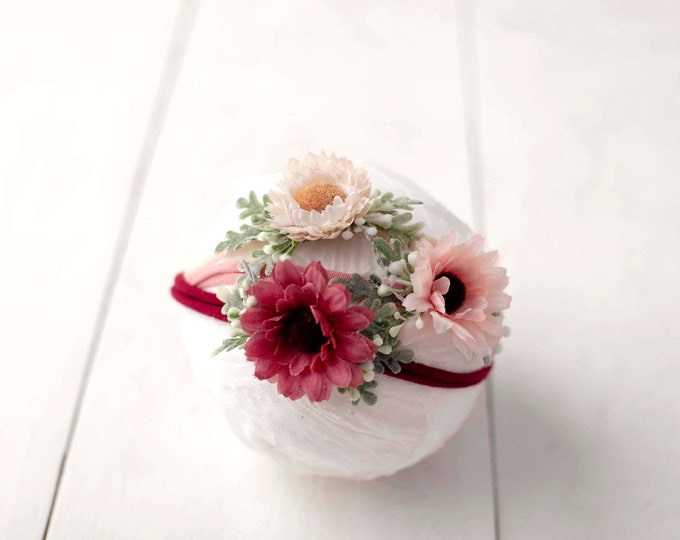 Summer Spring Pink Red and Cream Flower Tieback For Newborn Photography Photo Prop Headband