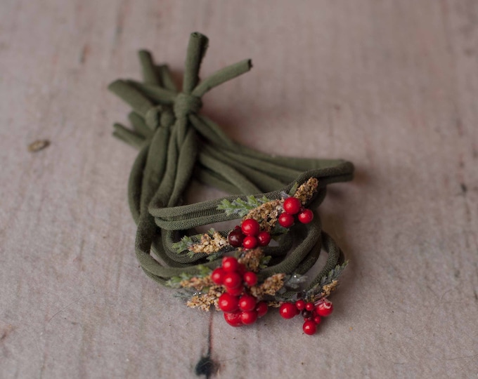 Green Holly Berry Christmas Festive Holiday Newborn Jersey Stretch Tieback Headband Photo Prop