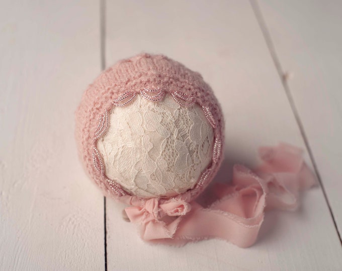 Crepe Pink Beaded Trim Sweater Knit Bonnet for Newborn Photography